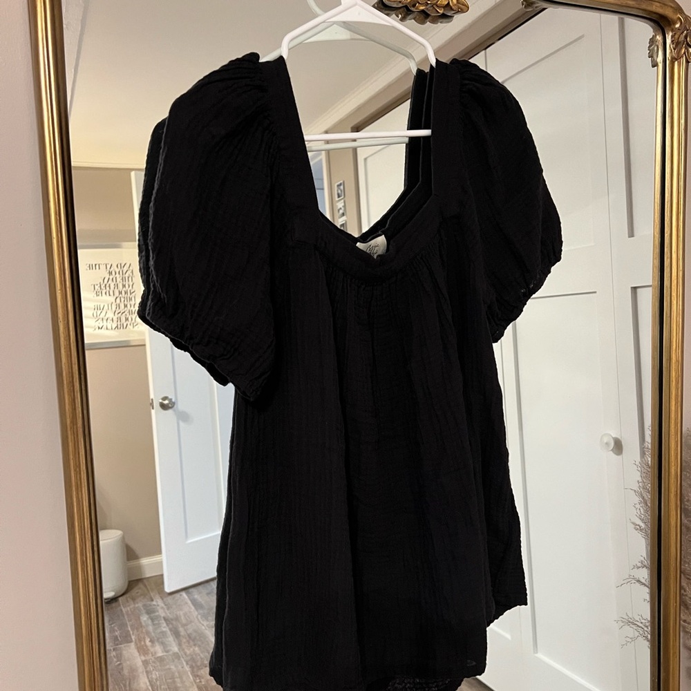 Cosmic Blue Love Black Short Sleeve Blouse